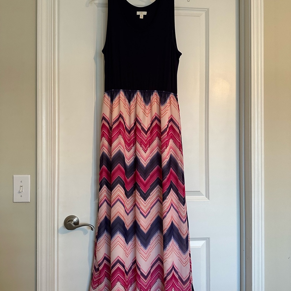 Chevron Maxi Dress with Navy Blue Top